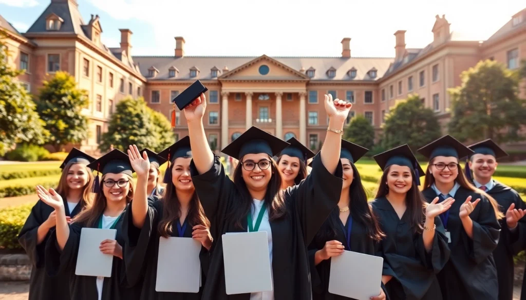 Graduates celebrating their achievement to buy master degree UK in a university setting.