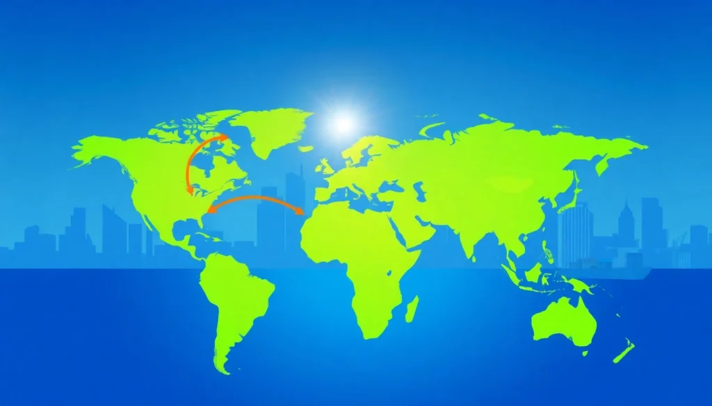Visual representation of export tariffs impacting global trade routes with symbols of currencies and countries.