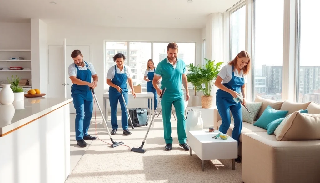 Efficient bond cleaning Brisbane service showcasing professional cleaners in action within a stylish apartment.
