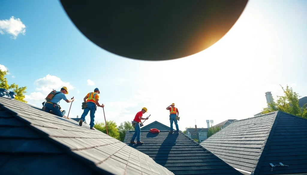 Local roofers near me expertly repairing a residential roof, showcasing teamwork and professionalism.