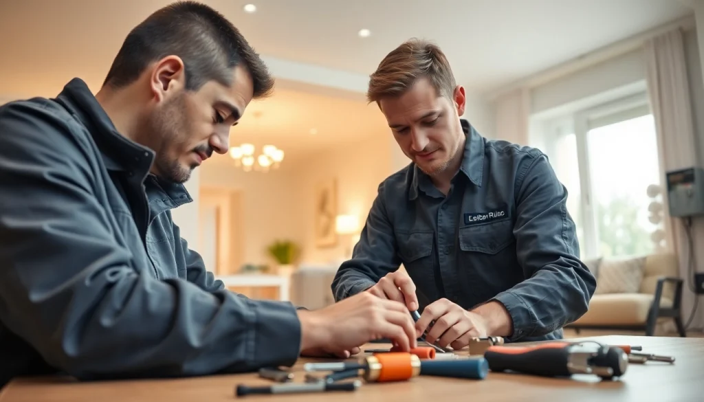 Electrician conducting professional electrical service installation in a modern home.