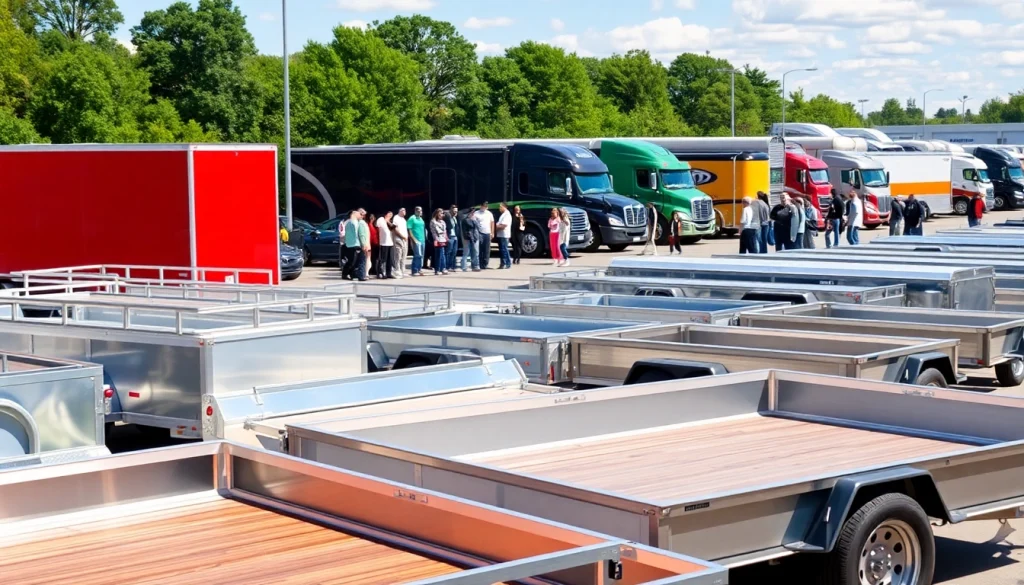 Find various utility trailers near me displayed at a vibrant dealership.