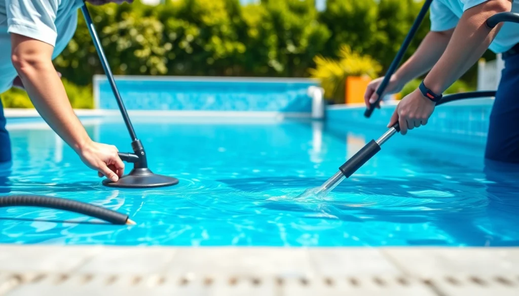 Pool service near me with technicians inspecting a well-maintained pool in a bright backyard.
