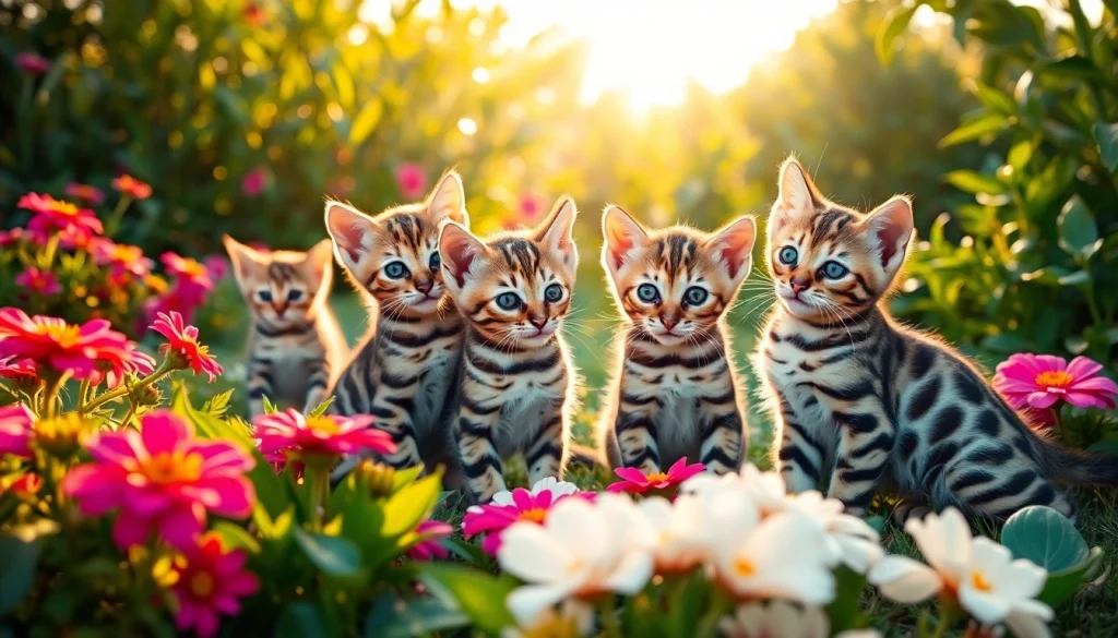 Playful Bengal kittens in a garden highlight Bengal Breeders Orange County.