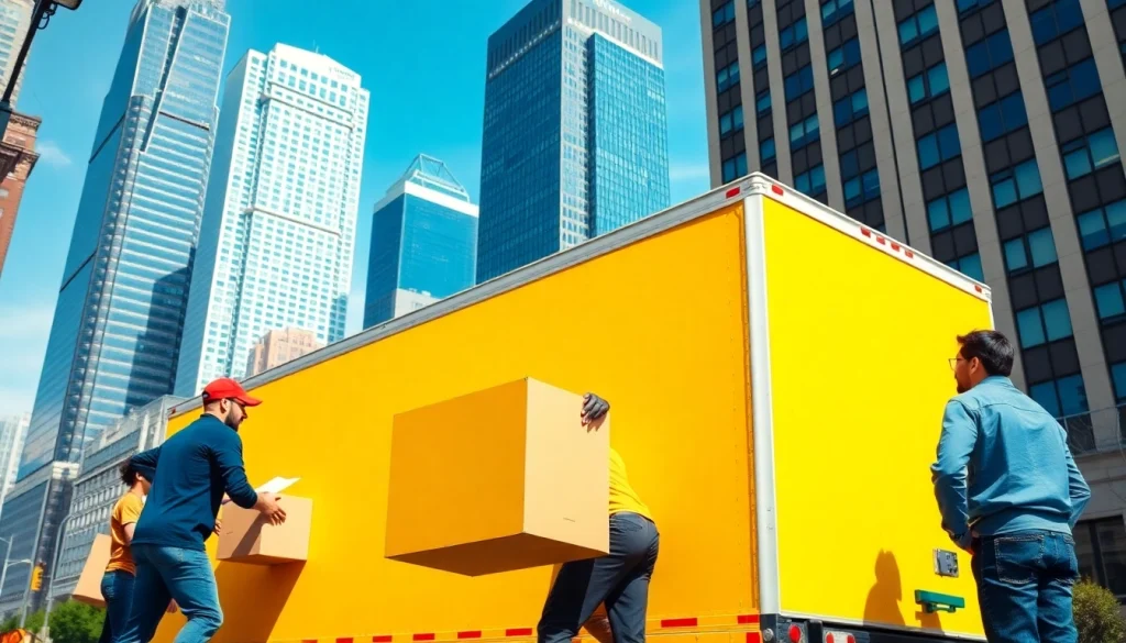 Movers from a Manhattan moving company efficiently loading belongings into a bright yellow truck in NYC.