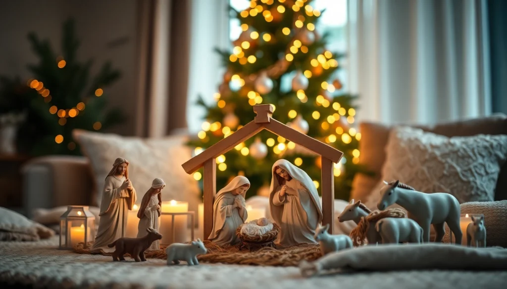 Celebrate the beauty of Nativity sets with a stunning display in a cozy holiday setting.