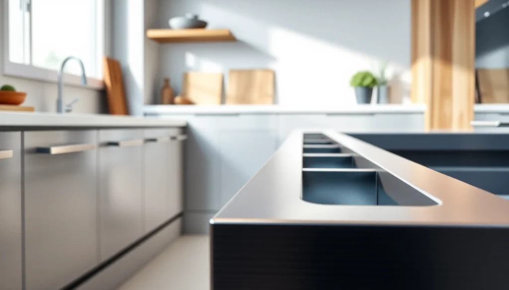 Showcase of a modern Metal Drawer System featuring sleek metallic surfaces in a stylish kitchen.