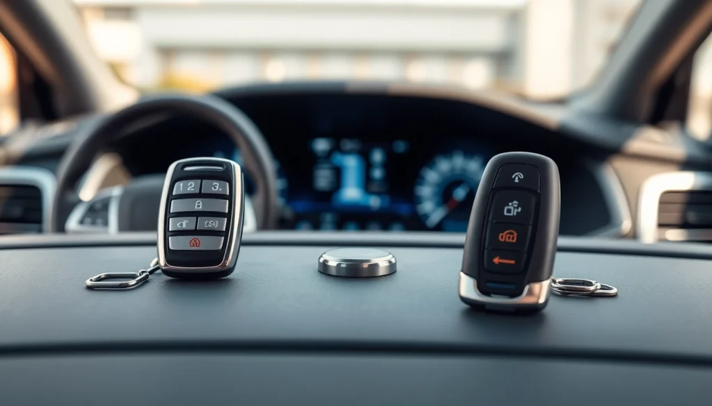 Showcasing keyless carkeys highlighting their features on a modern car dashboard.