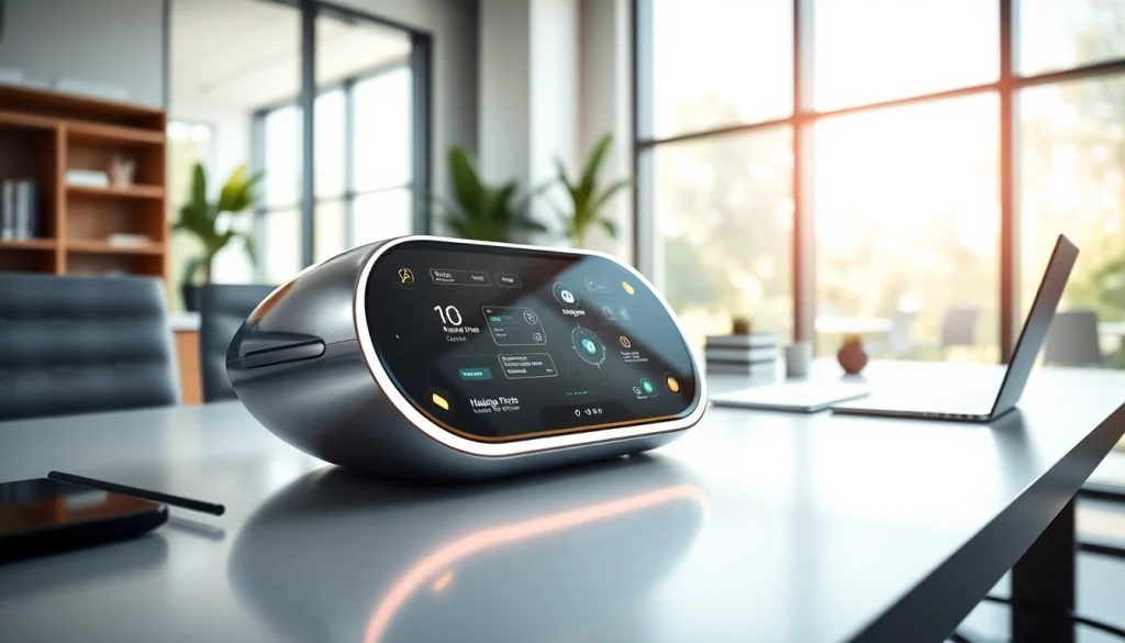 Showcasing Wavlyn, a high-tech gadget designed for seamless connectivity on a modern office desk.