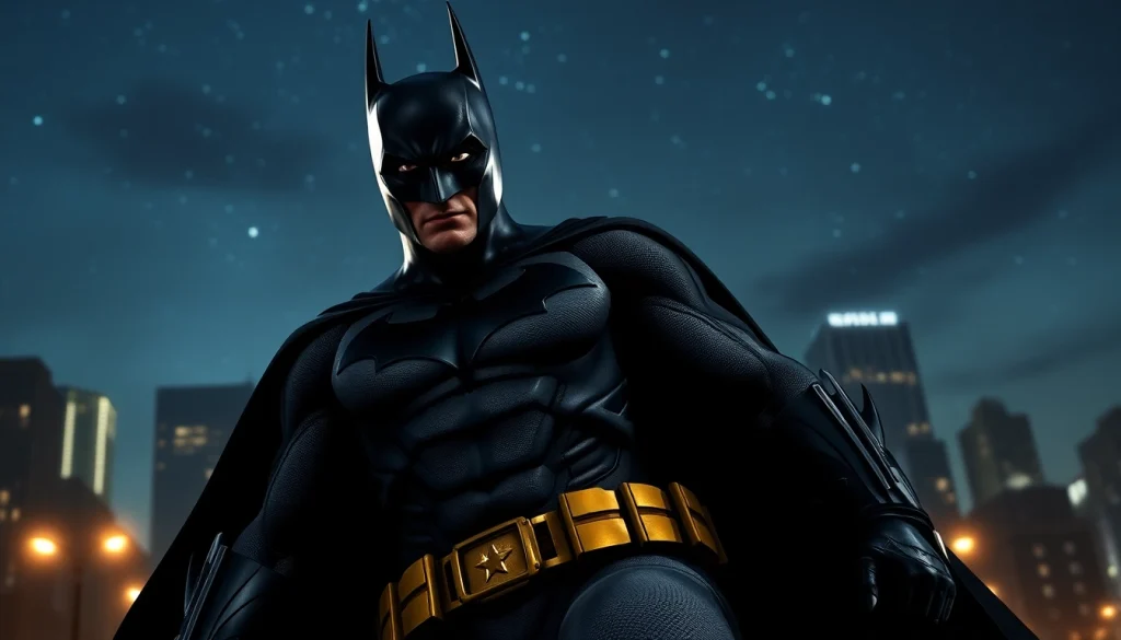 Aksi Batman dalam game batman138 dengan lanskap kota malam yang dramatis.