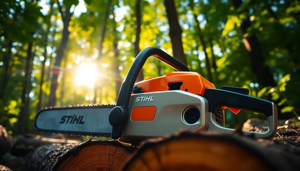 Stihl Kettensäge in einer malerischen Waldlandschaft mit natürlichem Sonnenlicht