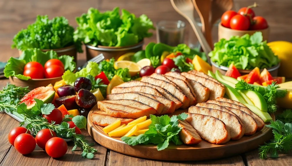 A vibrant display of dieting food for weight loss, showcasing fresh salads and fruits on a wooden table.