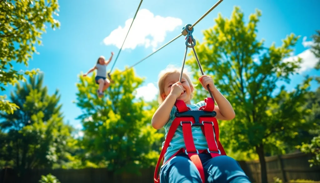 Family enjoying thrilling ZIP WIRE KITS in a lush backyard filled with excitement.