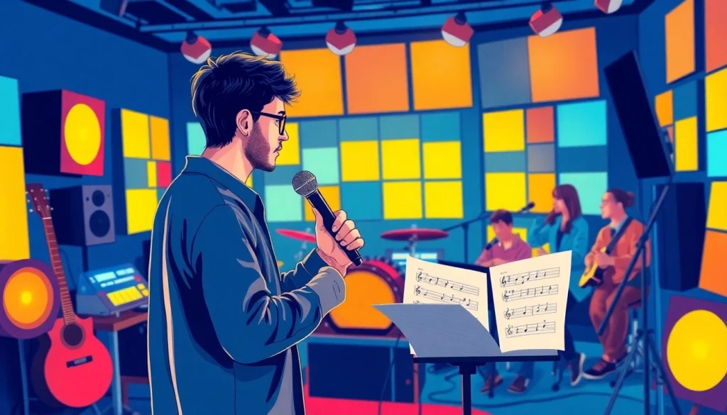 Musician passionately engaging in music pitching to an audience in a vibrant studio.