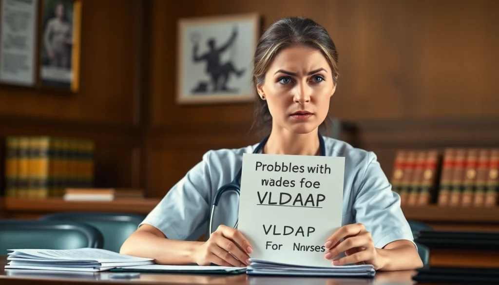 Addressing Problems with VDAP for Alabama Nurses in a courtroom setting, with a concerned nurse analyzing legal documents.