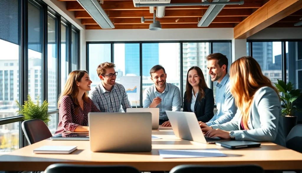 Social media agency team discussing strategies in a vibrant office environment