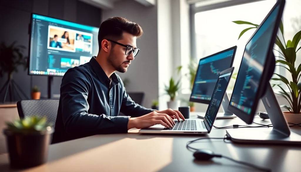 Web development expert coding at a modern workspace surrounded by technology and design.