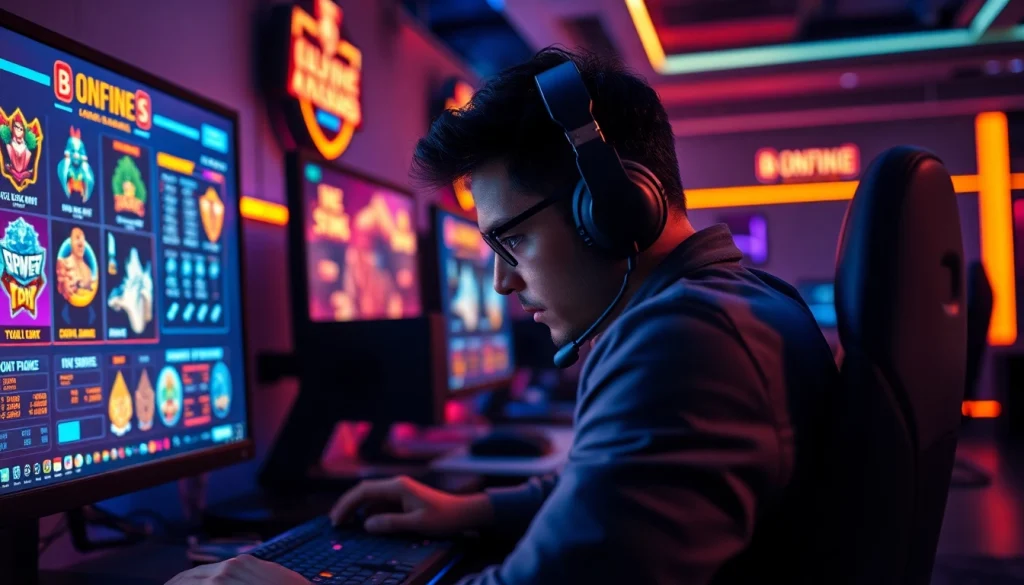Mengakses login batman138 dengan fokus tinggi di depan layar penuh grafik menarik