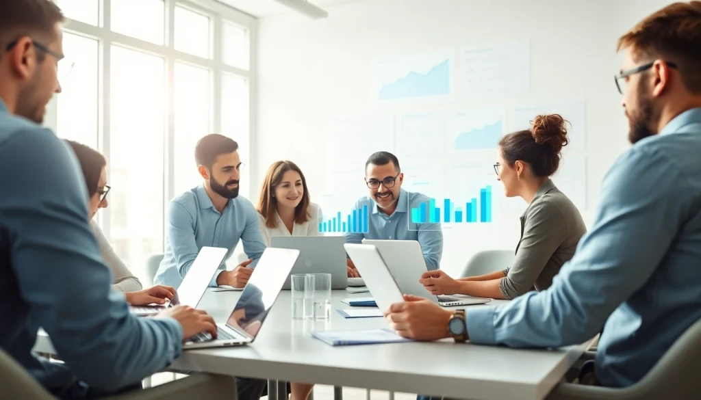 Engaged team collaborating at a social media agency, showcasing dynamic strategy development.