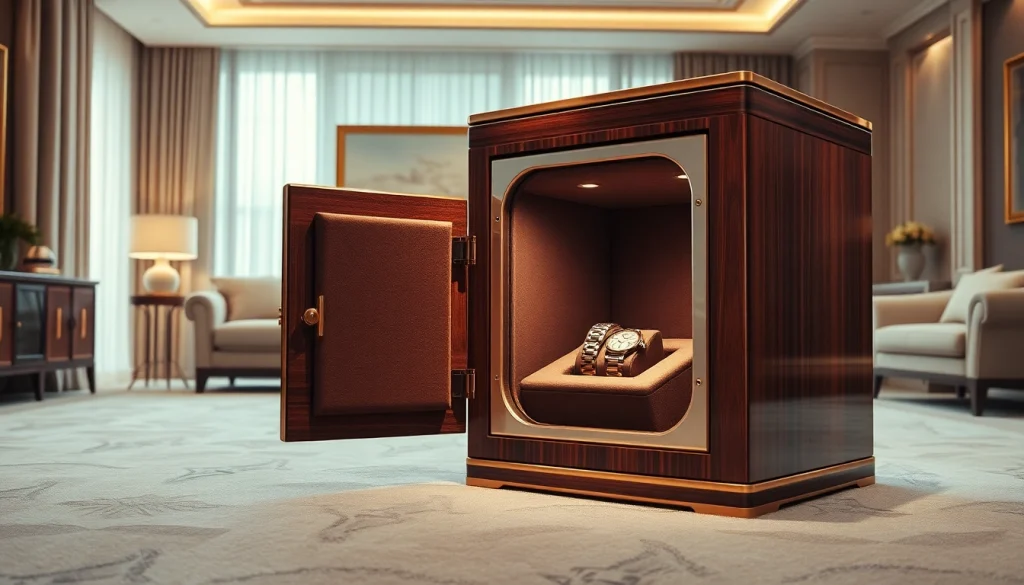 Securely storing luxury timepieces in an elegant watch safe with intricate design features.