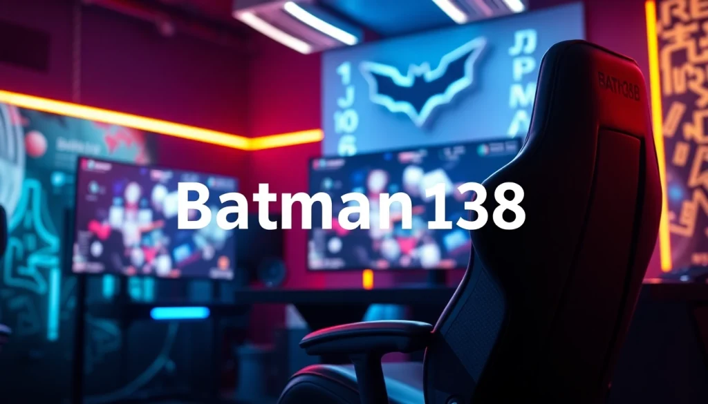 Menggambarkan pengalaman bermain di situs resmi batman138 dengan logo dan setup gaming menarik.
