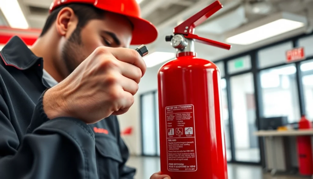 Inspecting fire extinguisher maintenance by a technician in a professional setting.
