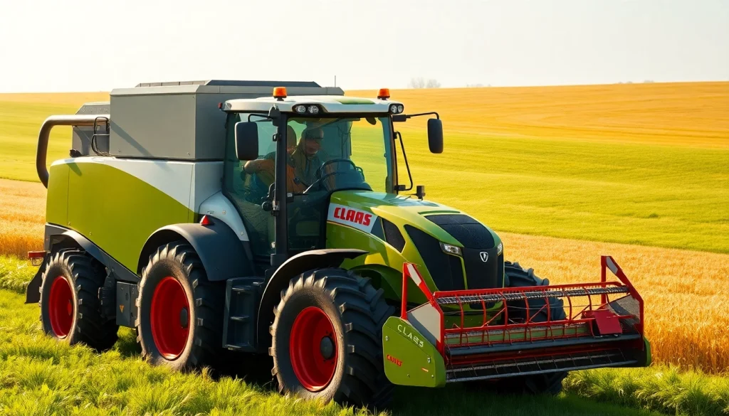 Claas Traktor und Mähdrescher in einem grünen Feld bei Sonnenlicht.