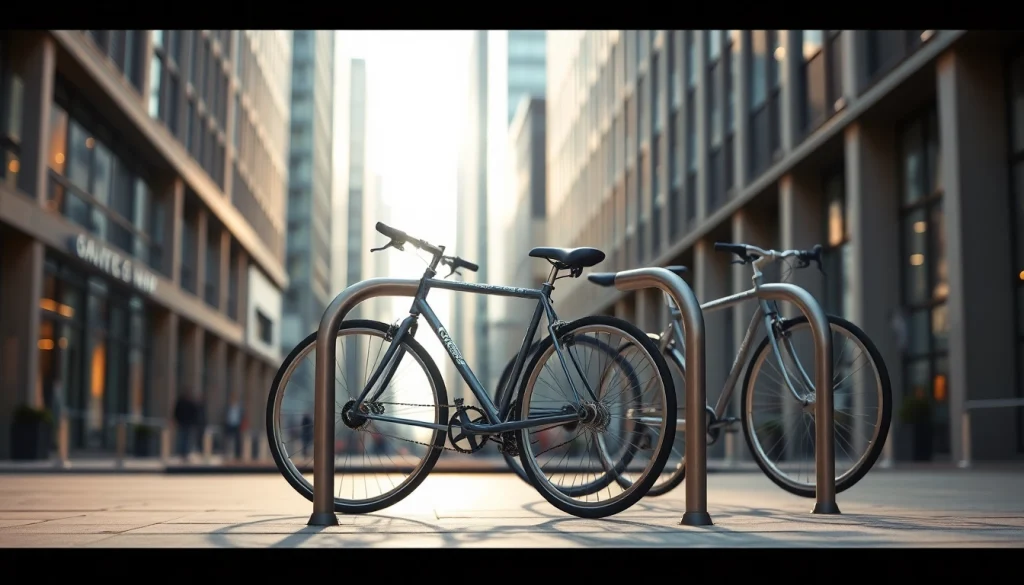 View of a stylish minimalist bike rack in use, elegantly holding bikes in an urban landscape.