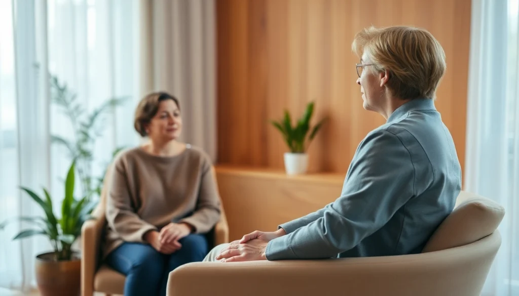 Therapist supporting a client dealing with grief in a warm office setting.