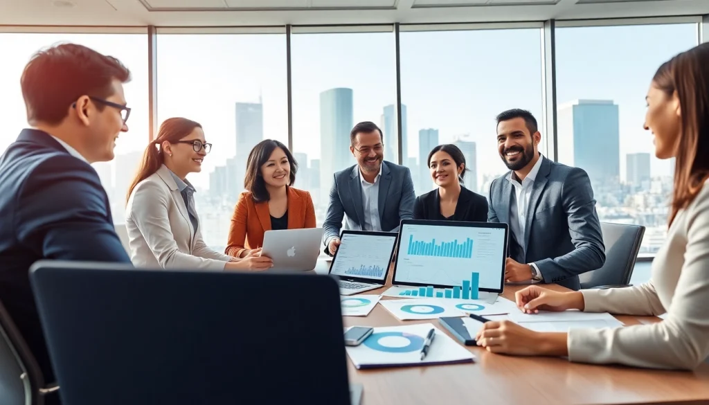 Quickplus Business Consultants team collaborating in a modern office atmosphere with city skyline view.
