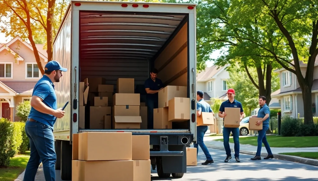 Movers in Toronto area efficiently preparing a moving truck with boxes and furniture.