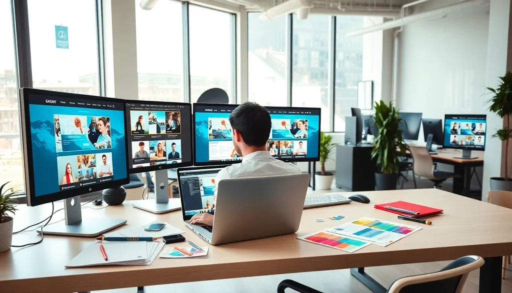 Visualize innovative kansas city web design in a bright, modern office workspace.