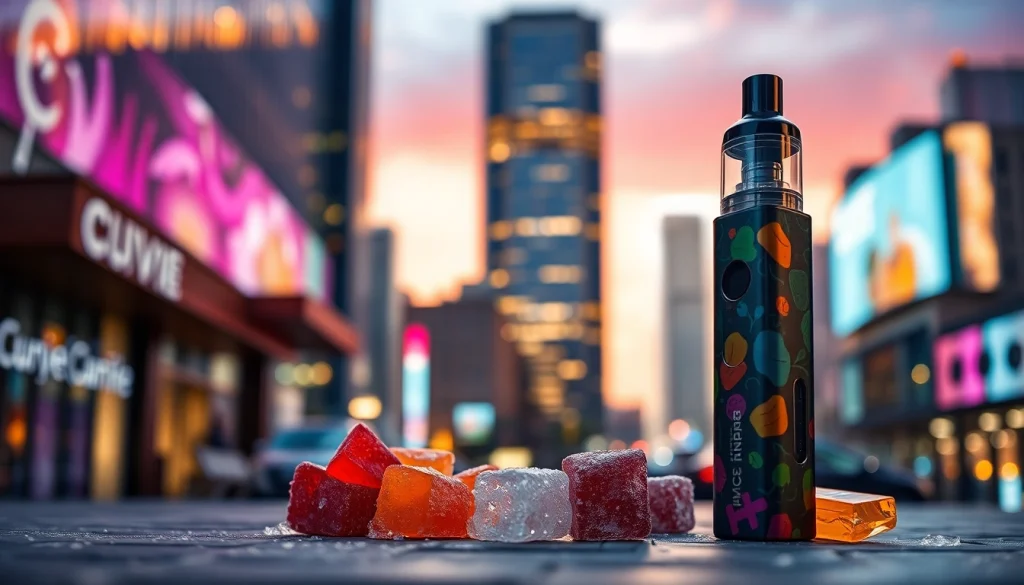Showcasing the HQD Cuvie disposable vape in an urban setting, highlighting vibrant flavors and sleek design.