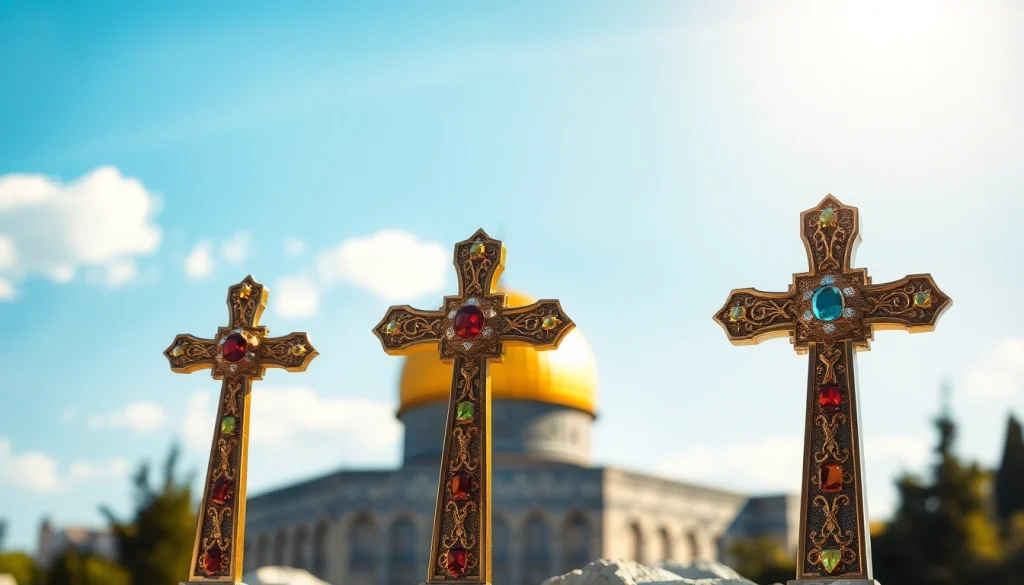 Admire the intricate Jerusalem crosses set against a serene backdrop of Jerusalem's architecture.