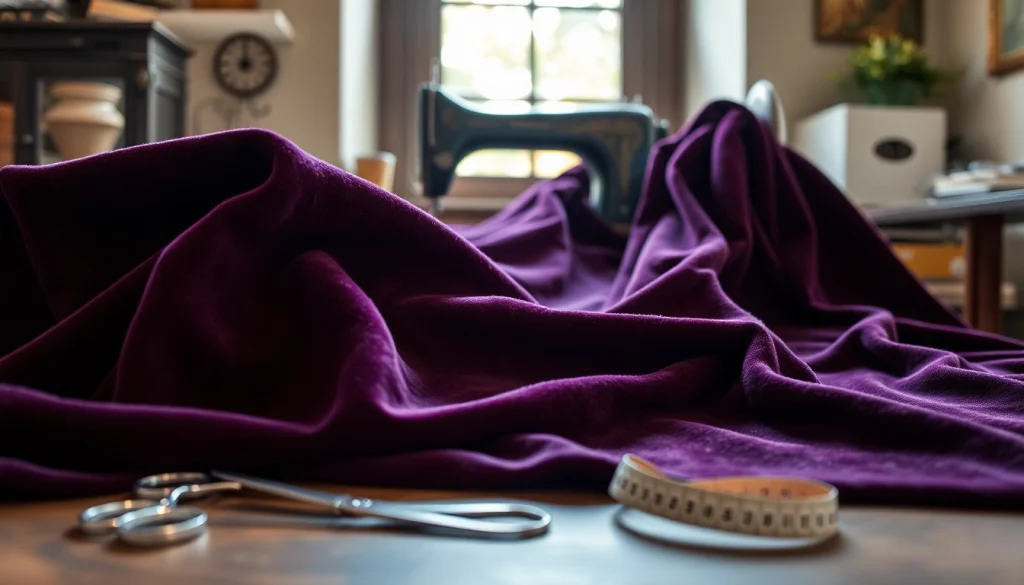 Velours de panne stof met rijke glans en textuur op een naaibank, perfect voor kleding.
