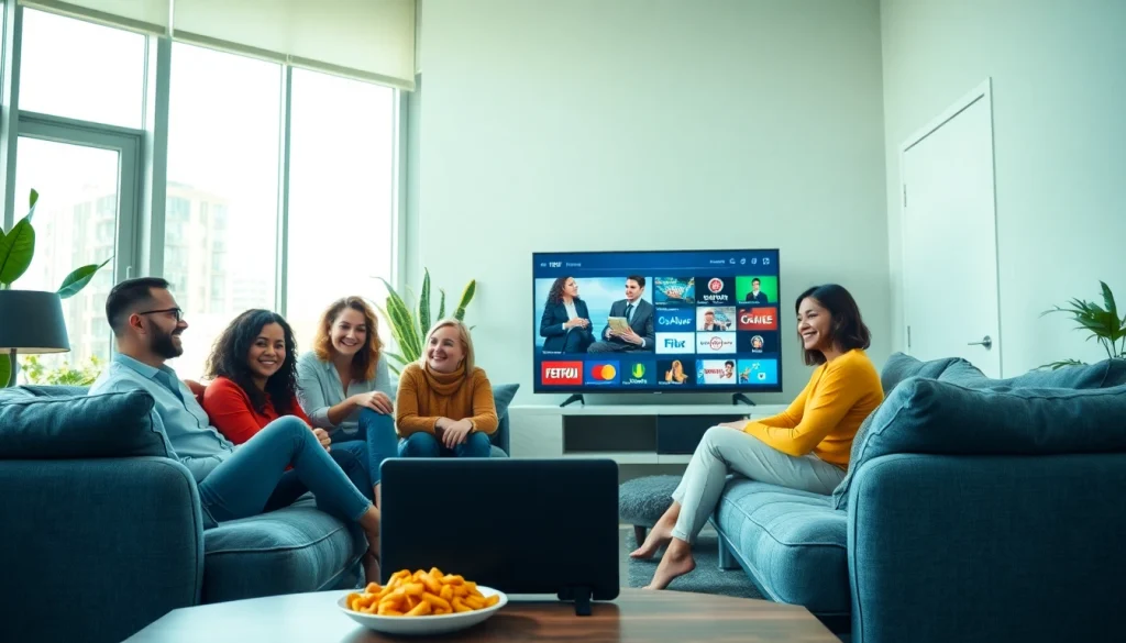 Comprar IPTV en un ambiente acogedor donde personas disfrutan de canales variados.