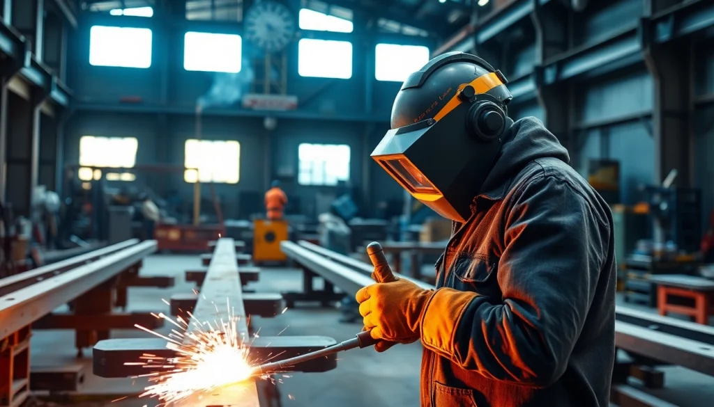 Welding structural steel during a professional process in a bright workshop environment.