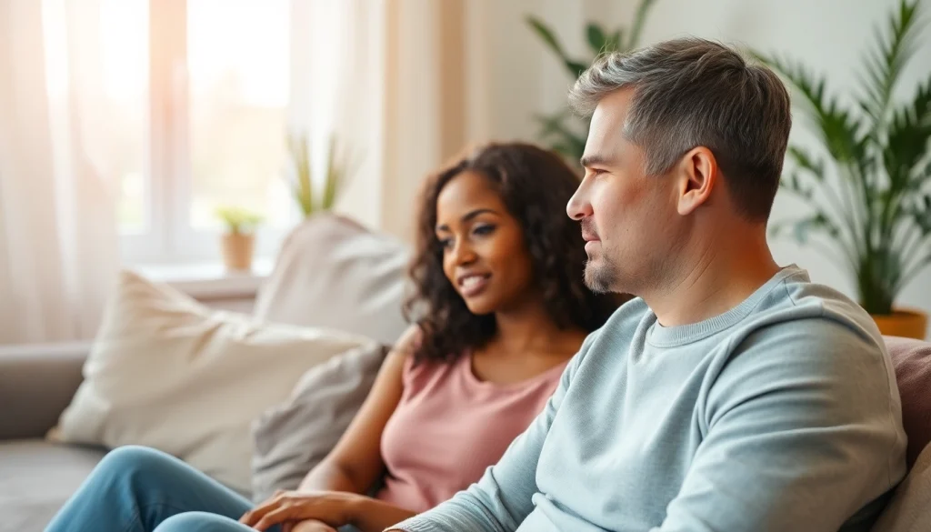 Couple practicing communication in relationships in a cozy living room setting.