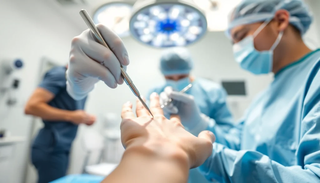 Handchirurgie Braunschweig: Specialist performing delicate surgery on a patient's hand.