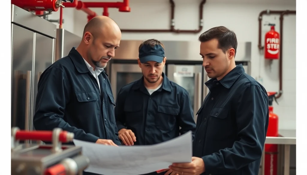 Technicians conducting a fire suppression service inspection in a commercial kitchen setting.