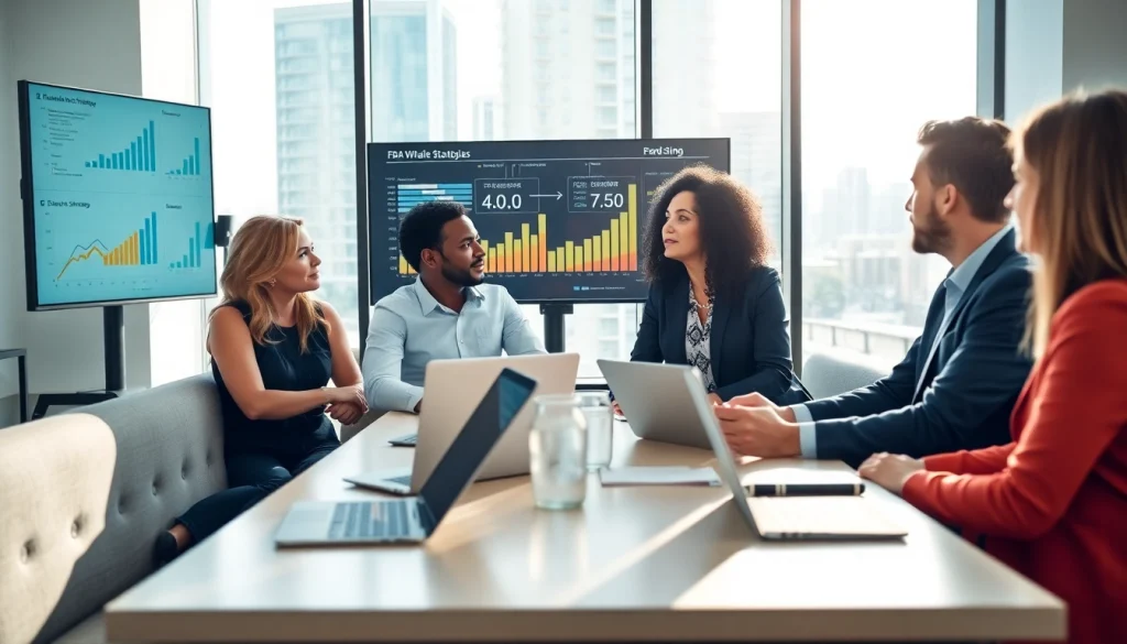 Discussing fba wholesale strategies during a professional meeting in a modern office.