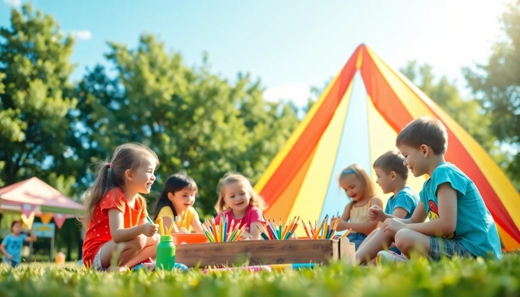Children enjoying holiday camps activities engaged in arts and crafts, set in a vibrant outdoor environment.