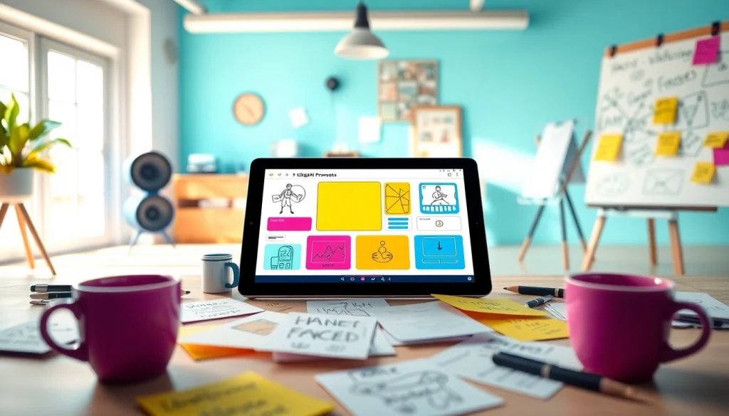 Create an engaging scene to illustrate KlingAI Prompts with vibrant colors and dynamic studio elements.