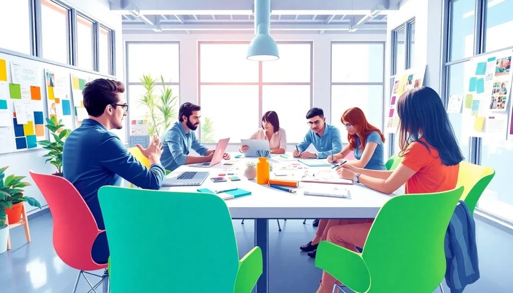 Team collaboration at a calgary graphic design company, showcasing creativity in a vibrant studio.